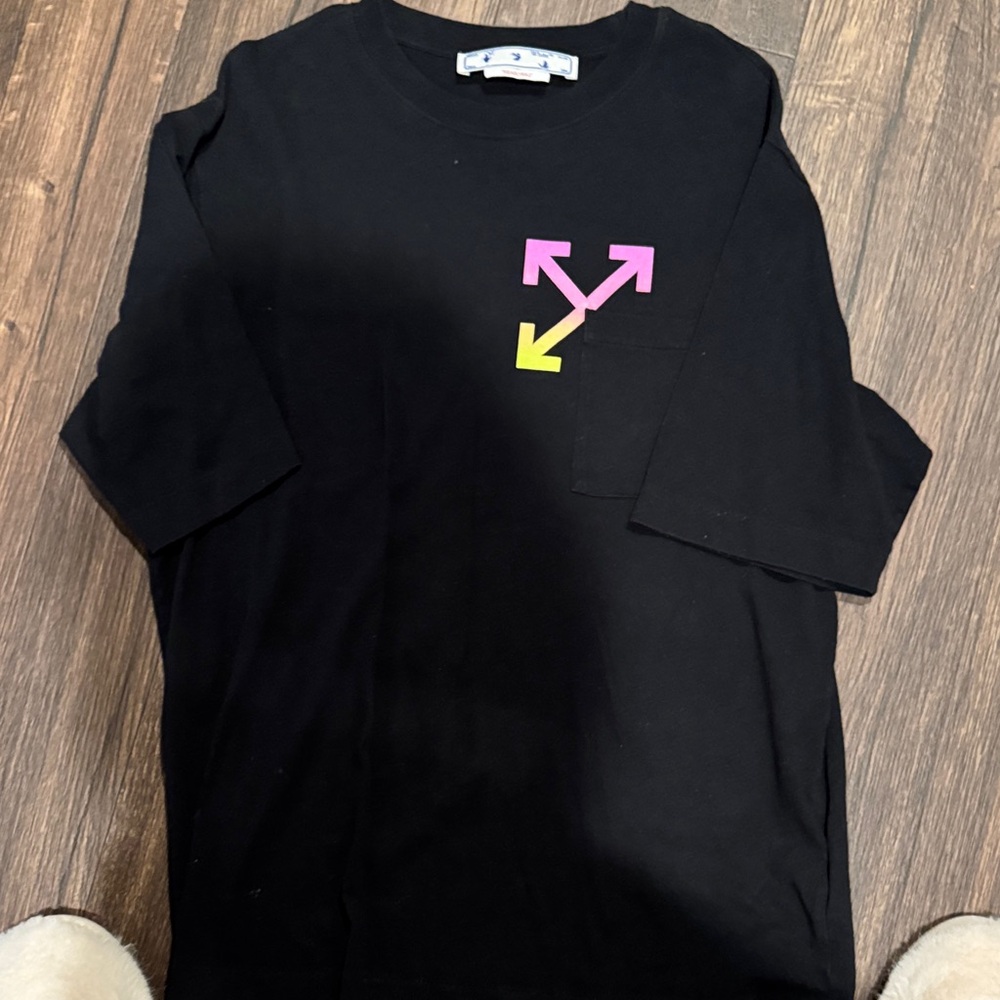 Off-White Black Short Sleeve Tee with Pink and Yellow Arrow Logo